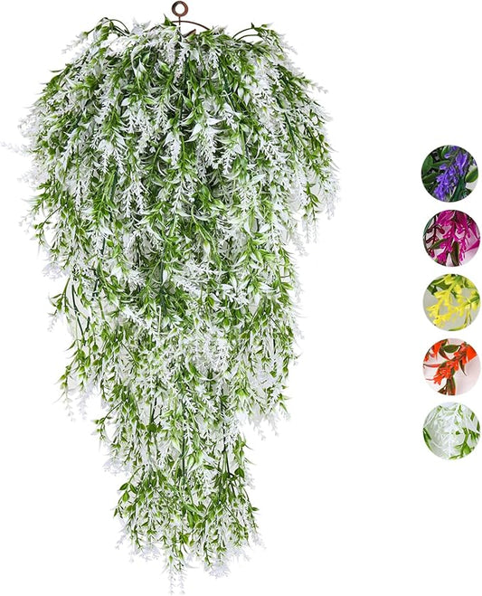 RECUTMS Hanging Flowers Lavender UV Resistant Artificial Plants for Indoor Outside Garden Porch Window Box Home Wedding Farmhouse Decor, 4 Pieces (White)