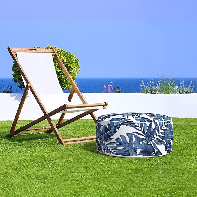 LVTXIII Indoor/Outdoor Inflatable Ottoman, All Weather Round Footrest Stool with Handle, D21”x H9” Portable Fade Resistant Pouf Ottoman for Patio Garden Camping or Home-Palm Blue