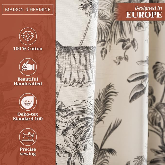 Maison d' Hermine Curtains for Living Room 100% Cotton 96 inch Length One Panel Light Filtering Toile Curtains for Bedroom Windows with Rod and Loop Pockets Drapes (Savana Jouy Black, 50" W x 96" L)