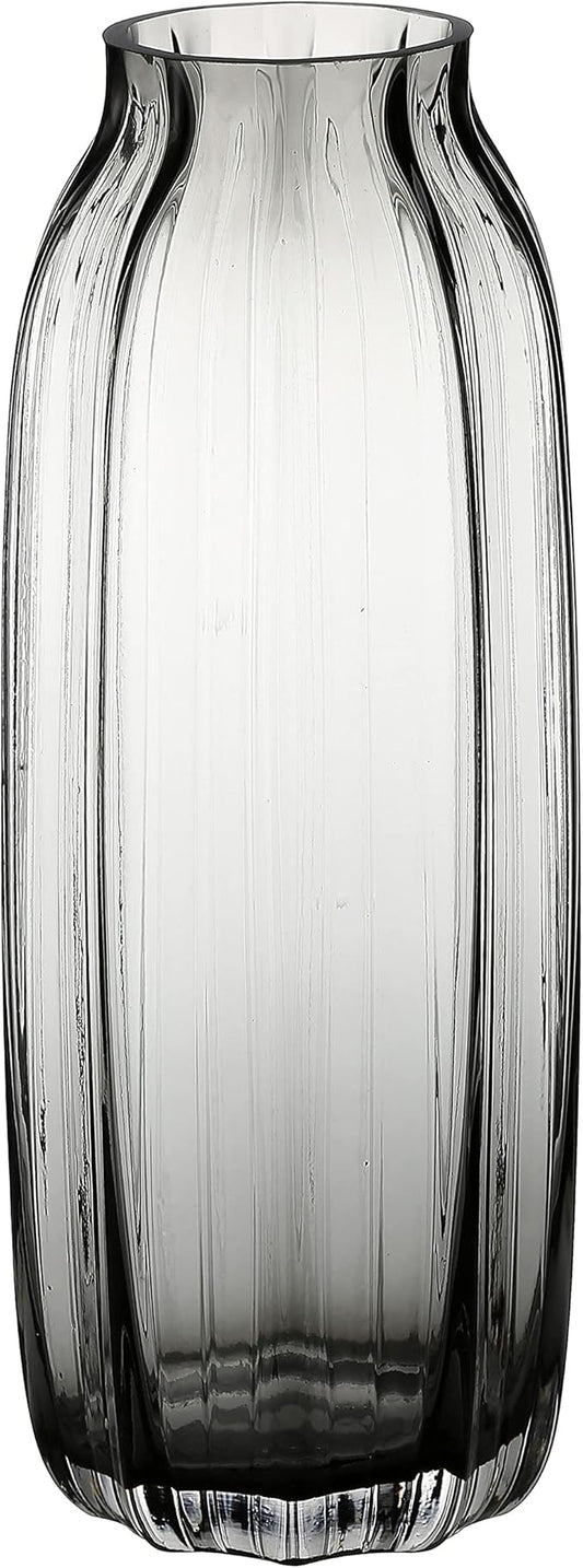 Black Grey Glass Vase for Flowers,Darl Grey Bud Tall Glass Vases,H-12.6" Simple Striped Design for Home Floor Decor,Farmhouse Decor, Centerpiece Coffee Table Decorations