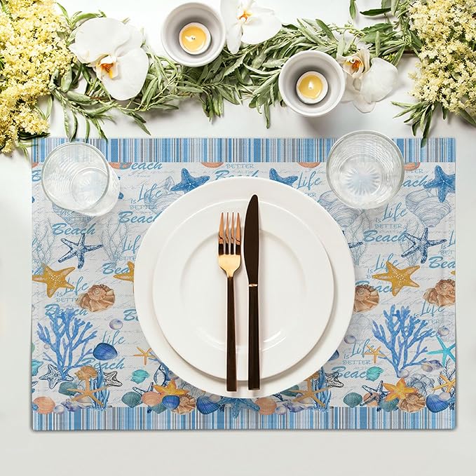 Ocean Starfish Placemats Set of 4 Beach Theme Seashell Coastal Washable Non-Slip Heat Resistant Linen Fabric Summer Thick Place Mats Decorative Table Mat 12×18 Inch for Dining Table Decor