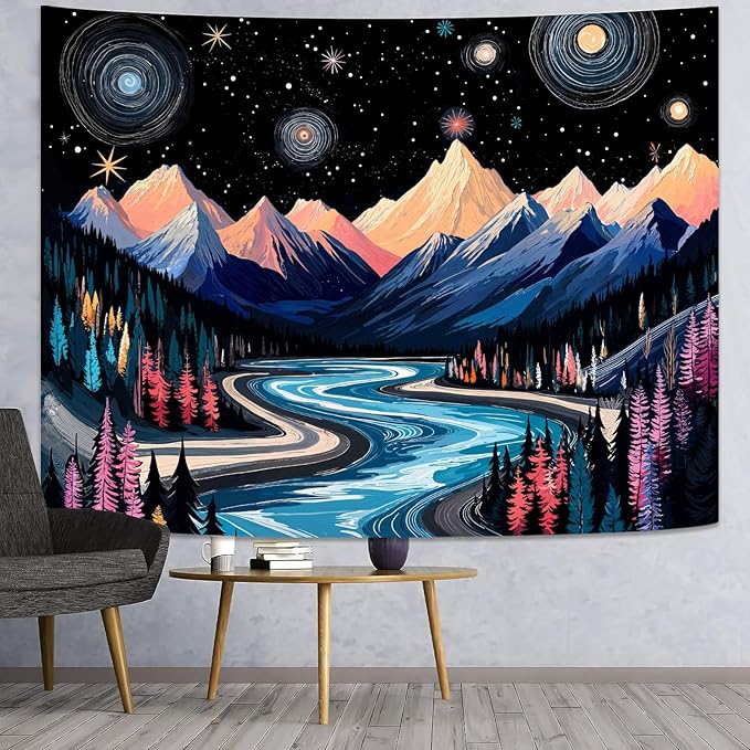 Lunerfex Mountain Tapestry, Starry Sky Landscape Tapestry, 60" x 44", Bedroom & Living Room Wall Decor