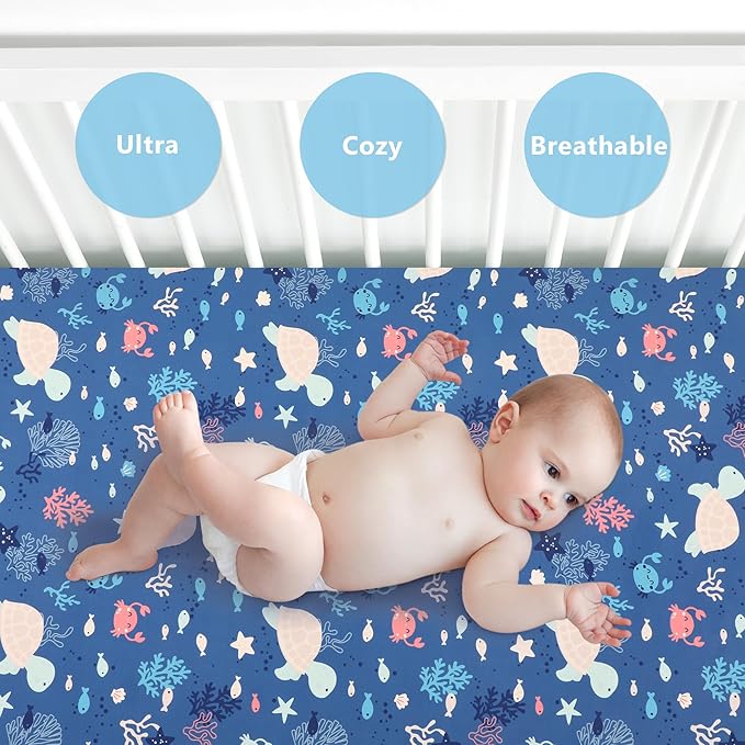 TILLYOU Baby Crib Sheets for Boys Girls, Fitted Crib Sheet 2 Pack for Standard Crib and Toddler Mattresses, Super Soft Toddler Bed Sheets, 28"x52"x8",Beach Time Turtle&Lake Blue