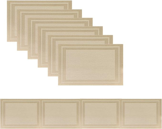 Placemats with Table Runner Set Place Mats, Woven Crossweave Vinyl Kitchen Tablemat, Washable PVC Vinyl Table Mats for Dining Table, Parties, Farmhouse, Thanksgiving, Christmas & Gathering (Gold)