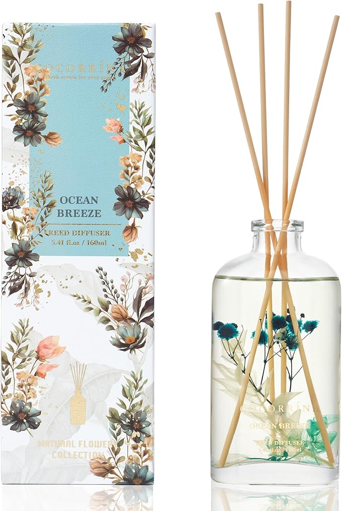 COCORRÍNA Reed Diffuser - Ocean Breeze 5.41 oz Flower Reed Diffuser Set with Sticks, Bedroom Bathroom Shelf Decor (Scented Blooms Collection)
