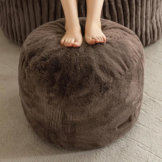 HIGOGOGO Pouf Stuffed Ottoman Round Modern Foam Filled Foot Rest Chair Decorative Poufs 26 x 18 Inches Fluffy Boho Comfy Stool for Living Room, Brown