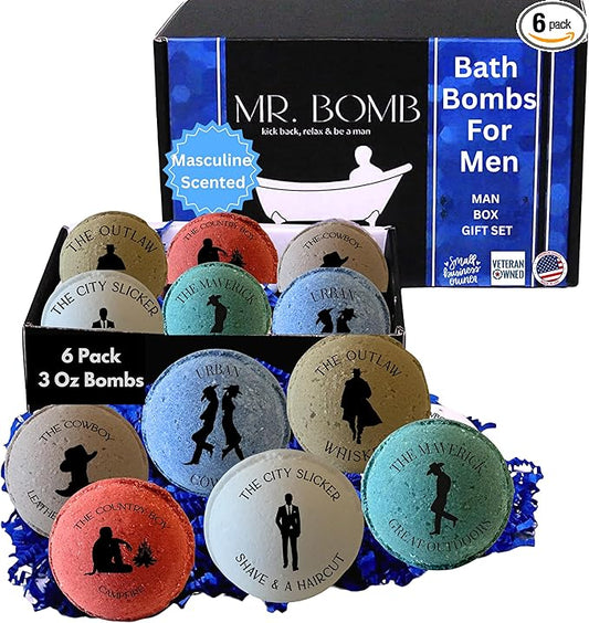 Mr. Bomb Dude Bath Bombs for Men, Infused for Guy Relaxation, Gift for Him, Manly Bath Soak, Masculine Scents for Men, Relaxing Bliss for The Gents - USA Crafted 6 Pk Male Set, Cowboy-Up Collection