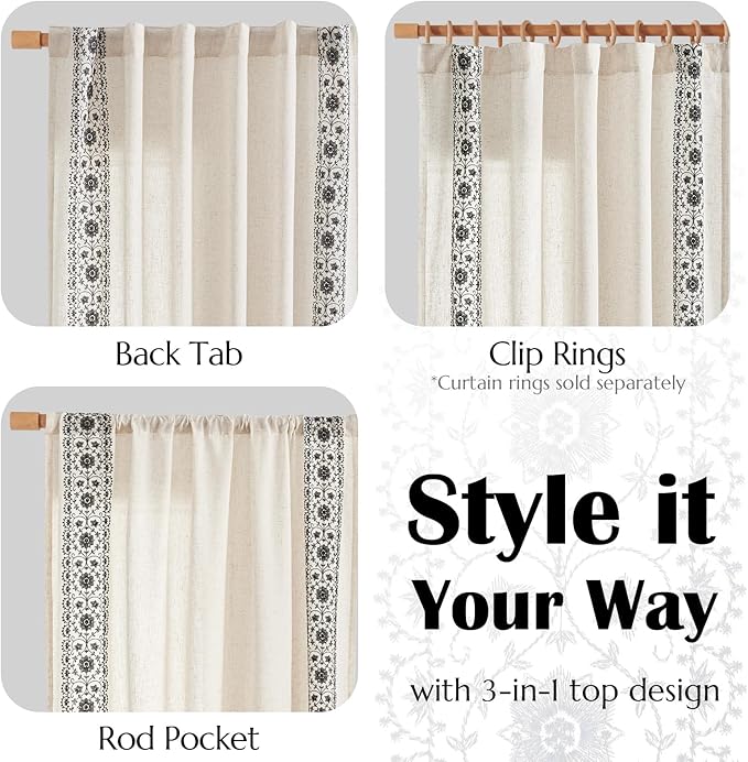 jinchan Boho Curtains for Living Room Black Vintage Floral Farmhouse Curtains 84 Inches Long Linen Blend Drapes for Bedroom Embroidered Light Filtering Drapes Rod Pocket Black on Beige 2 Panels