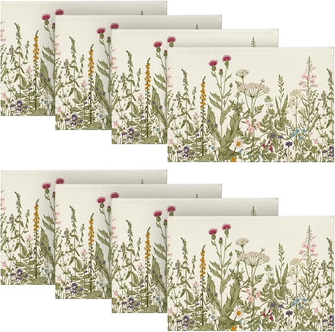 Artoid Mode Antique Herbs and Wild Flowers Summer Placemats Set of 8, 12x18 Inch Seasonal Wildflower Spring Table Mats for Party Kitchen Dining Decoration