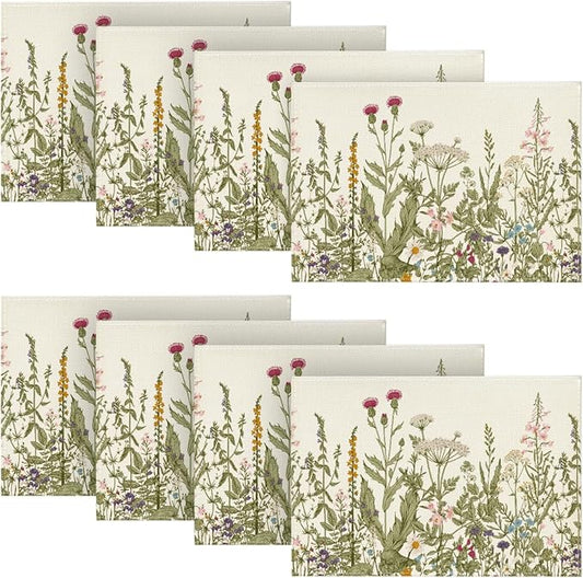 Artoid Mode Antique Herbs and Wild Flowers Summer Placemats Set of 8, 12x18 Inch Seasonal Wildflower Spring Table Mats for Party Kitchen Dining Decoration