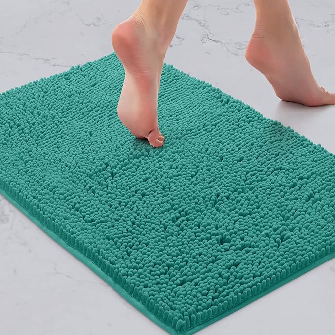 LuxUrux Chenille Bath Mat Set, Turquoise, Extra-Soft Plush Bath Rug, 16'' x 24'' + 20'' x 30'', Super Absorbent, Non-Slip Backing, 2 Piece