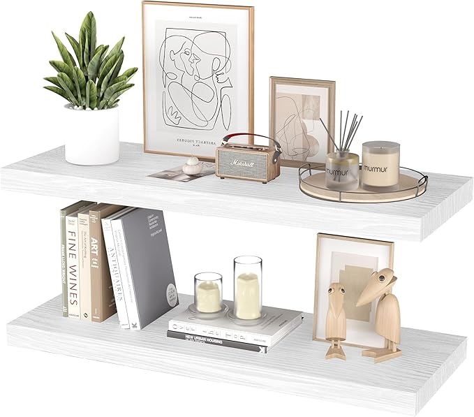 Floating Shelves for Wall - 32 x 9 Inch Natural Wood Shelves for Bathroom, Bedroom, Kitchen Decor, Farmhouse Decor Set of 2, White