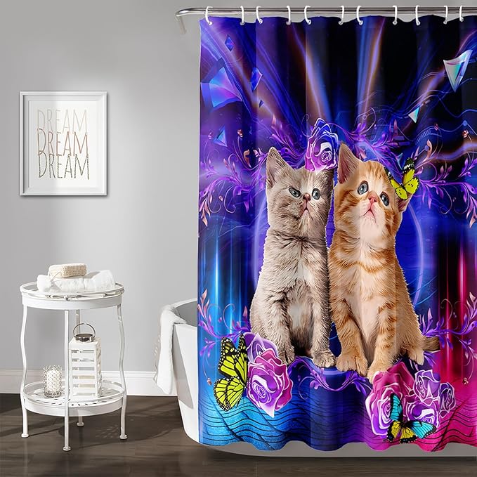 AILONEN 3D Cat Shower Curtain,Cute Kitten Shower Curtain Set for Kids Boys Girls,Cat Lovers Animal Shower Curtain for Bathroom,Rose with Butterfly Bath Curtain with Hooks,72" W*78" H