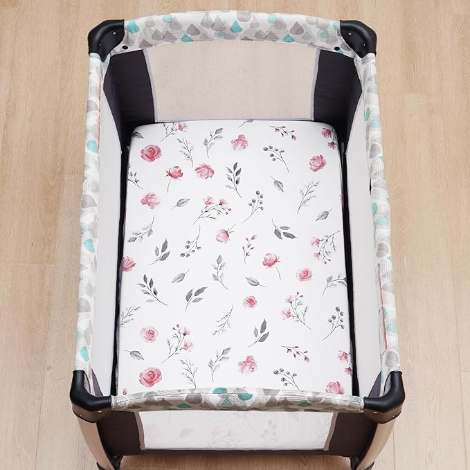 3 Pack Mini Crib Sheets, Premium Pack N Play Sheets for Boys Girls Neutral, Soft Breathable Baby Sheets Fit Pack N Play, Playard and Mini Crib Mattresses, Floral Flowers