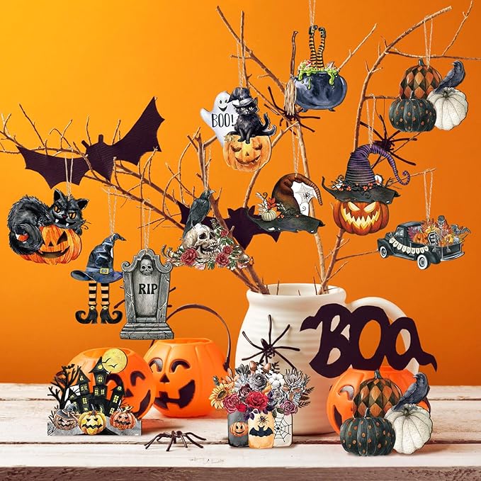 Huwena 36 Pcs Halloween Wood Ornament for Tree Vintage Ornaments Wooden Halloween Hanging Decorations Pumpkin Witch Black Cat Wood Cutouts with Ropes for Home Party Decor(Witch Hat)