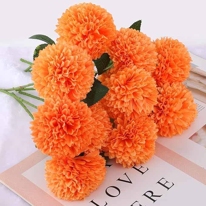 Hananona 12 Pcs Artificial Chrysanthemums Flowers Ball Flower, Orange Fake Mums Silk Fall Flowers for Autumn Home Decor Indoor Floral Arrangement Table Centerpiece (12, Orange)