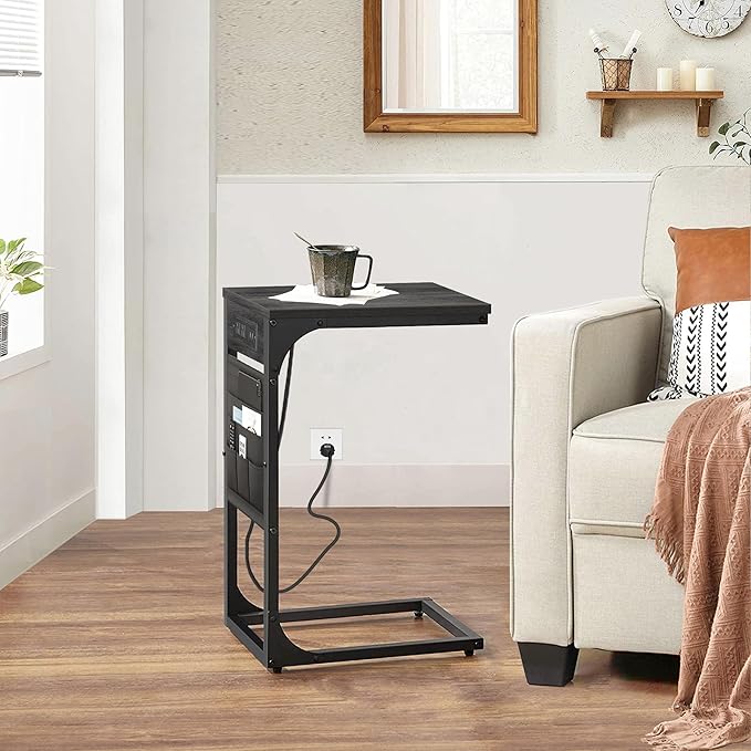TUTOTAK C Shaped End Table with Charging Station, Side Table for Sofa, Couch Table with Storage Bag, Set of 2, TV Tray Table with 2 USB Ports and Outlets for Living Room, Bedroom, TB01BY0242