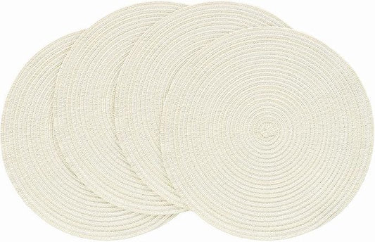 Floroom 15 Inch Round Braided Placemats Set of 4, Washable Heat Resistant Cotton Polyester Circle Place Mats for Kitchen Dining Table - Ivory Cream