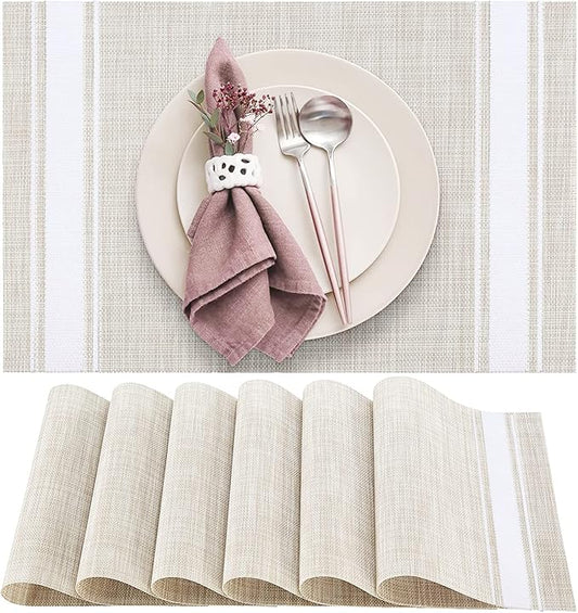 DACHUI Placemats Set of 6, Soft & Elegant Woven Vinyl Place Mats, Water Resistant, Heat Resistant, Washable, Durable Table Mats (White Stripes)