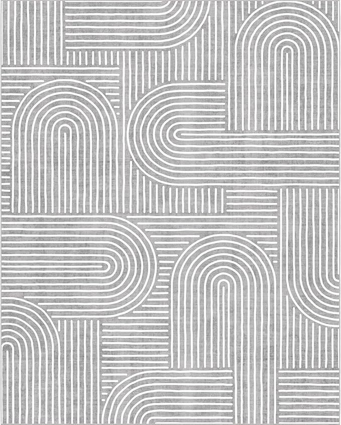 Washable Area Rug 8x10 - Large Grey Boho Rugs for Living Room Soft Abstract Bedroom Rug Ultra-Thin Modern Rainbow Carpet Stain Resistant Rug for Dining Room Nursery Room Home Decor