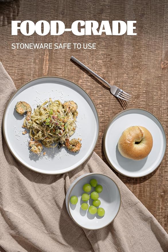 Famiware Nature Plates and Bowls Sets, 12 Pieces Stoneware Dinnerware Sets, Dishes Set for 4, Dishware Sets, Microwave and Dishwasher Safe, Snowy White