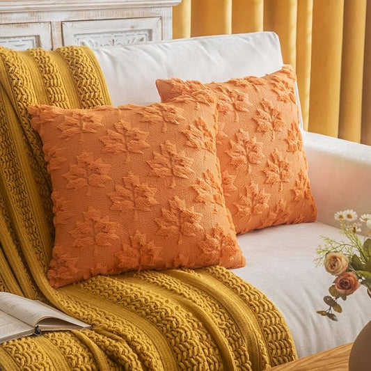 Maple Leaf Fall Throw Pillow Covers 18"x18" Set of 2, Orange Farmhouse Decorative Pillow Covers for Autumn Harvest Holiday Accent Pillow Cases, Faux Fur Pillow Covers for Couch Bed Room