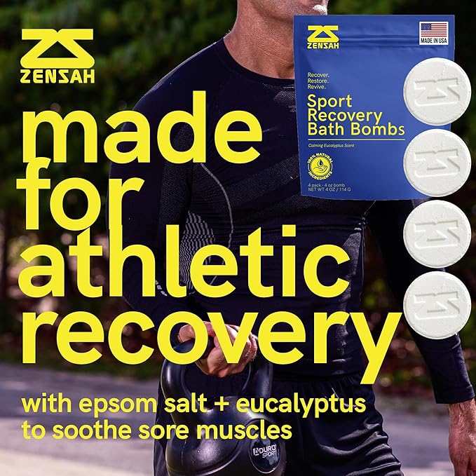 Zensah Sport Recovery Bath Bombs - Magnesium Epsom Salt for Soaking Sore Muscles, Father’s Day Gifts, Made in USA with Essential Oils, Eucalyptus Relaxation for Athletes, Men and Women