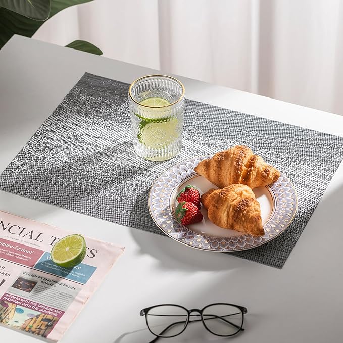 LEXMORE PVC Woven Placemats 4 PCS Wipeable Indoor/Outdoor Table Mats Washable Vinyl Place Mat for Dining Table, Set of 4-Gray