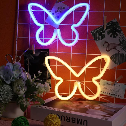Riakrum 2 Pcs Butterfly Neon Signs LED Light 3AA Battery Powered USB Operated Wall Neon Light Decor Butterfly Wall Art for Christmas Home Bedroom Birthday Party Decor(Blue, Warm White)