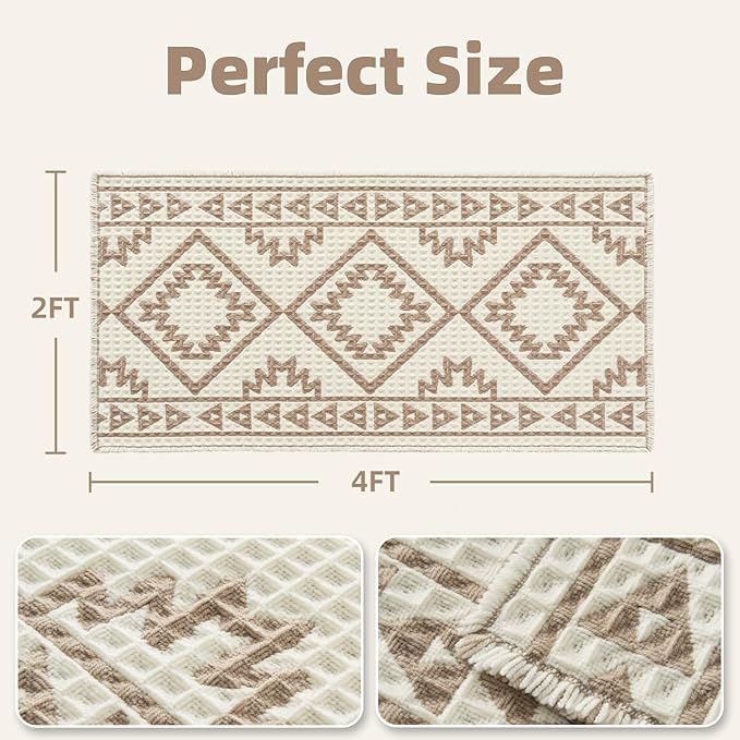 PADOOR-Waffle Bathroom Runner 24"x48", Super Absorbent Bath Mats for Bathroom, Machine Washable Non Slip Bath Rug with Tassels, Soft Bath Mat for Laundry Room, Bedroom, Cream & Brown, 2'x 4'