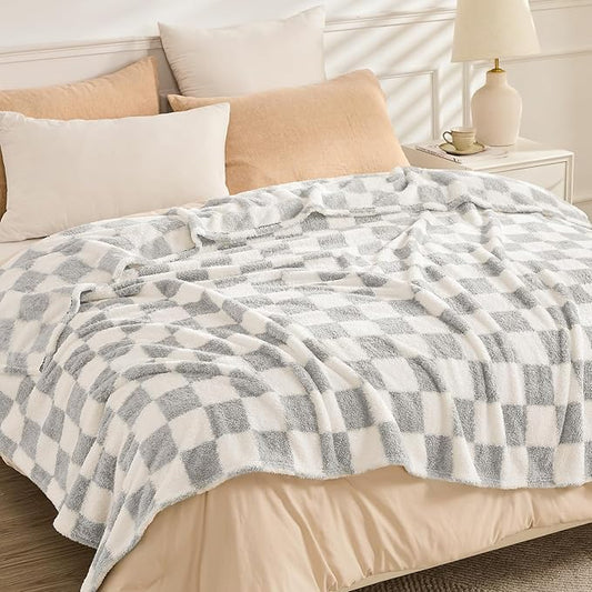 EMME Checkered Blanket Twin Size - 60"x80" Grey Knit Blanket Soft Fluffy Patterned Throw Blankets for Couch, Sofa, Chair, Bed, Camping, Picnic, Travel