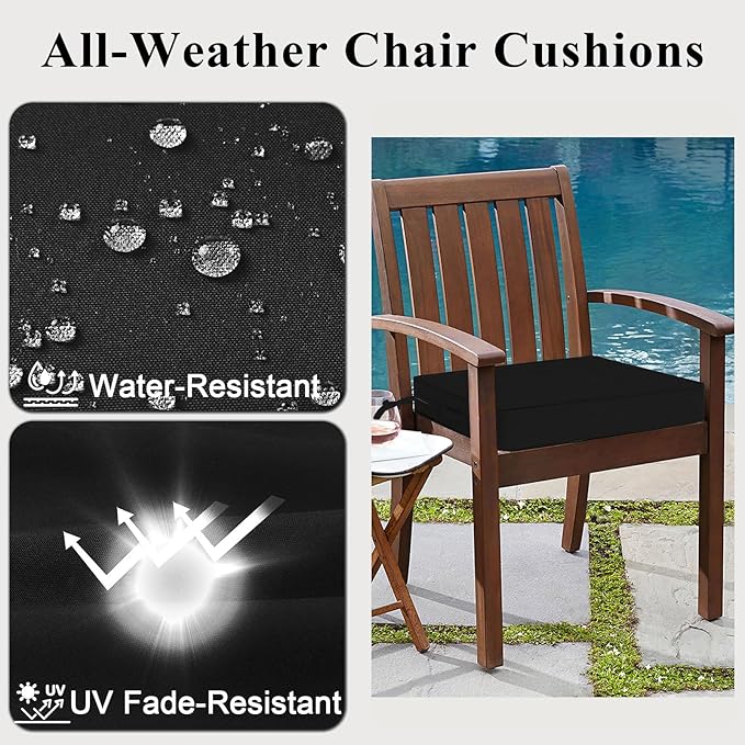 Outdoor Chair Cushions Set of 2 for Patio Furniture 22x22x4 Inch Waterproof Patio Chair Cushion 3 Year Color Fastness Square Elastic Foam Garden Couch Pads with Ties and Handle,Black