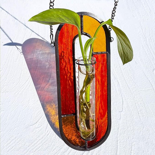 LITMIND Transparent Stained Glass Propagation Station - Handcrafted Suncatcher Hanging Planter with 2 Glass Tubes, Multi-Color Hydroponic Wall Décor for Windows, Home & Garden