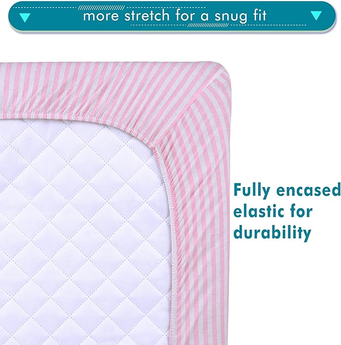 100% Cotton Jersey Knitted Standard Crib Sheets for Boys and Toddler, Soft and Breathable, Crib Sheets Girl Snug Fit, Machine Washable, Multiple Colors (P1, Pink Stripe,28"x52"x9")