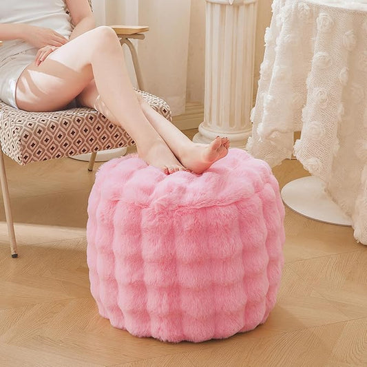 LIFEREVO Faux Rabbit Fur Round Inflatable Pouf Ottoman, 20" X 16" Plush Fuzzy Waffle Bubble Floor Poufs Foot Rest for Living Room Bedroom, Furry Pouf Chair Foot Stool Home Decor, Anti-Slip, Pink