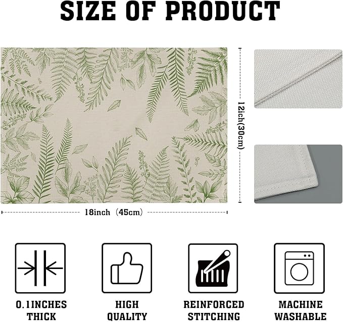 Green Plants Wild Fern Table Mats for Kitchen Set of 4,Green Leaves Botanical Washable Heat-Resistant Linen Fabric Desk Mats 12x18 Inch for Seasonal Home Party Dining Decor