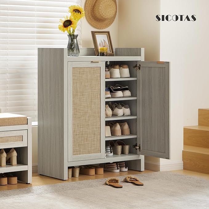 SICOTAS Shoe Cabinet, 24 Pair Shoe Storage Organizer Cabinet, 41" Tall Rattan Shoe Cabinet with Doors and Shelves, 6-Tier Farmhouse Boho Wooden Storage Cabinet for Entryway Hallway, Whitish-Gray Oak
