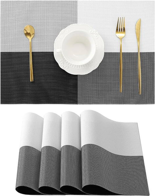 Leetaltree Gray with White Grid Pattern Placemats Set of 4 - Heat Resistant Non-Slip Place mats for Dining Table, Washable Durable PVC Vinyl Woven Table Mats（Grey Grid, 4）