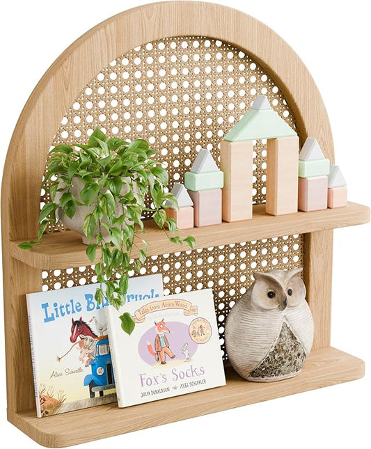 Rattan Wall Shelf Boho Nursery Decor, 2-Tier Arched Woven Natural Wood Wicker, 16''L Neutral Handcrafted Rattan Nursery Shelf, Decorative for Living Room, Bedroom & Bathroom