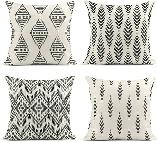 ArtSocket Set of 4 Throw Pillow Covers Ikat Tribal and Boho Bohemian Black Ethnic Herringbone for Ideas Decor Linen Outdoor Pillow Cases Home Decorative Square 18x18 Inches Pillowcases