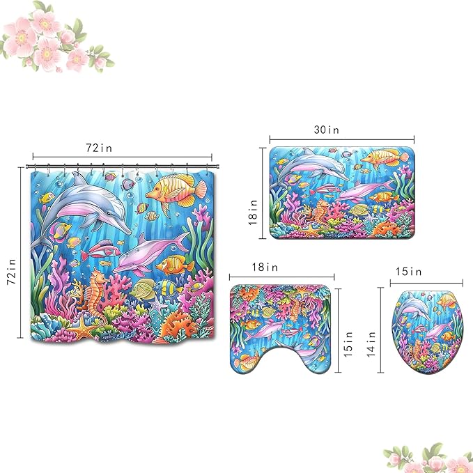 4PCS Fish Shower Curtain Set with 12 Hooks for Bathroom Sets Fish Decor, Non-Slip Rugs and Toilet Mat Lid Rug, Durable Waterproof for Bathroom Ocean Underwater World Fish Decor 72x72 Inch