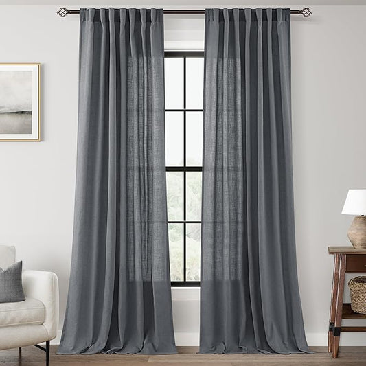 Dark Gray Curtains for Living Room Back Tab Modern Farmhouse Semi Sheer Gray Curtains 90 inches Long 2 Panels Set Muted Neutral Window Curtain for Dining Room Bedroom 52x90