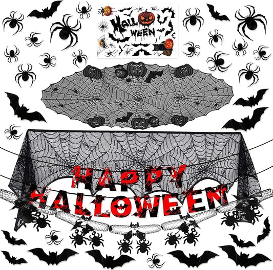 Indoor/Outdoor Halloween Decor Set - Mantel Scarf, Pumpkin Spider Table Runner, Window Stickers, 3d Bats & Spiders, Happy Halloween Banner, Spiders Hanging Garland