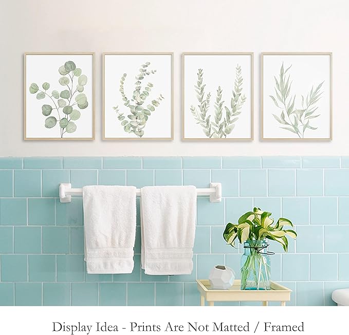 Botanical Boho Bathroom Decor Wall Art Prints, UNFRAMED Sage Green Plants Decor for Bedroom|Office, Minimalist Eucalyptus Leaves Watercolor Art Prints, Set of 4 Pictures, 8"x10" No Frames
