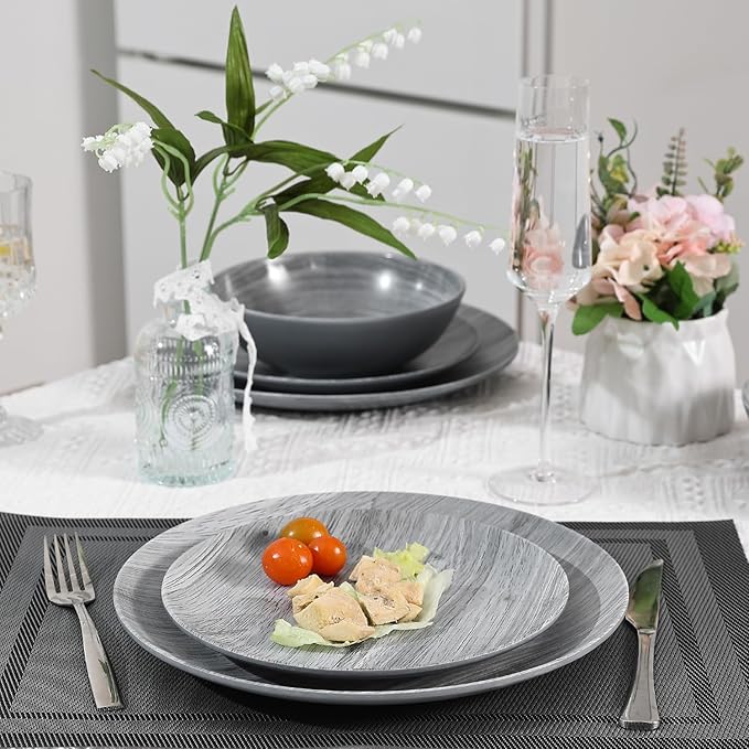 Melamine Dinnerware Set - 12pcs dinnerware set Indoor and Outdoor use, Bamboo Pattern Dishes Dinnerware Set for 4,Dishwasher Safe (Grey wood)