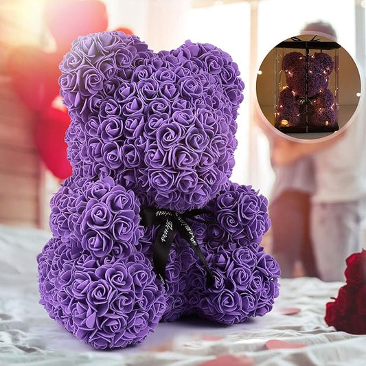 RECUTMS Rose Teddy Bear, 10 inch Flower Bears with Lights, Lighted Up Foam Artificial Floral for Valentines Day, Mothers Day Wedding Anniversary Birthday Halloween Home Bedroom Decoration(A-Purple