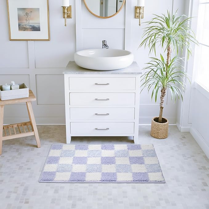 GRANNY SAYS Checkered Purple Bathroom Rugs, 32" x 20", Non-Slip Bath Mats for Bathroom, Plush Shag Absorbent Microfiber Ultra Soft Bath Mat, Cute Washable Rug for Tub, Shower, Bedroom