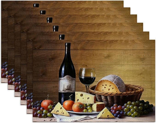 Wine Cheese Placemats Set of 6,Washable Heat Resistant 12×18 Inch Linen Table Mats Vintage Place Mats for Party Outdoor Dining Décor