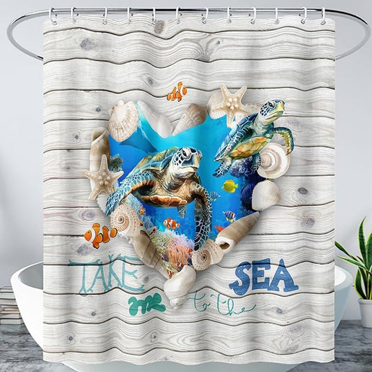 AILONEN 3D Printed Sea Turtle Shower Curtain, Ocean Coast Wooden Style Bathroom Curtain,Shell Turtle Bath Curtain 60" W*72" H Polyester Waterproof Bathroom Curtain with 12 Hooks