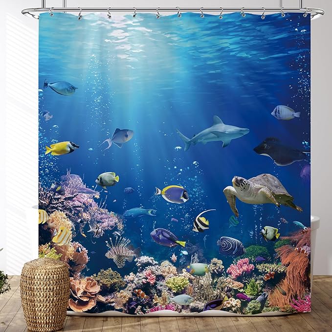 Blue Ocean Fish Shower Curtain 72x72 Tropical Marine Life Under The Sea Shower Curtain for Bathroom Modern Underwater Coral Turtle Bathtub Curtain Nature Blue Summer Beach Bathroom Decor